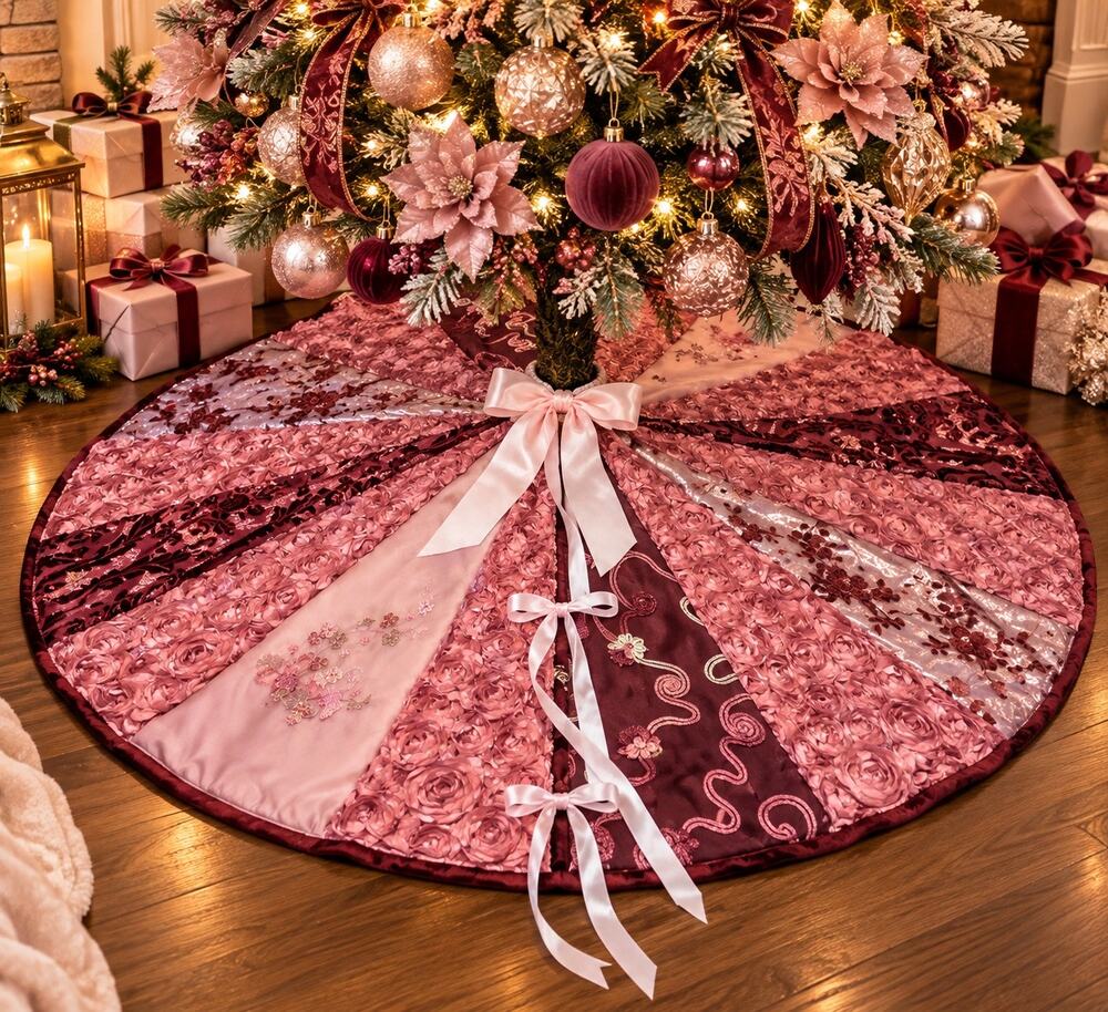 Handmade 62” Blush Burgundy Rose Christmas Tree Skirt Heirloom Decor
